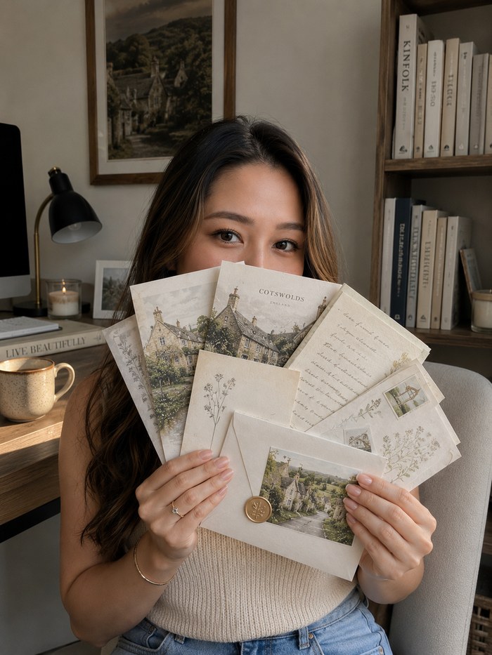 Elle holding a fan of Letters From Somewhere Beautiful envelopes and letters